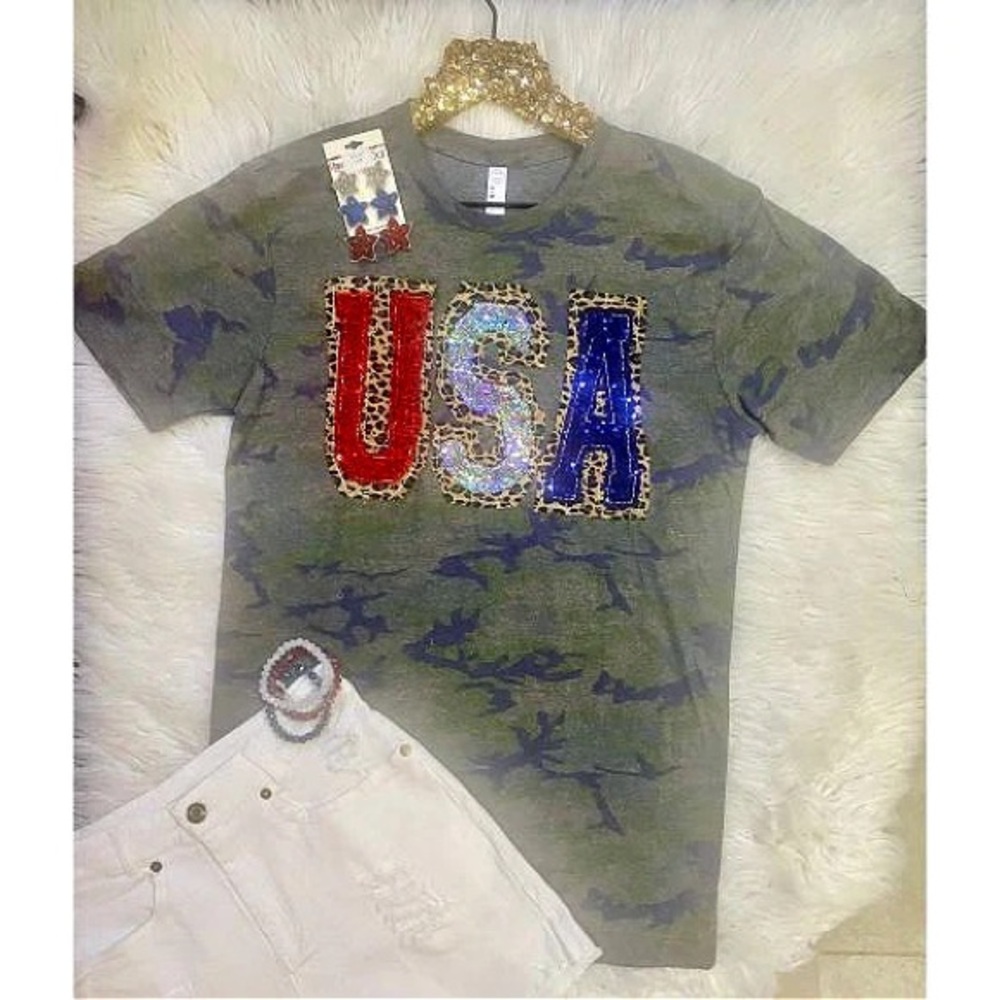 BRAND NEW WITH TAGS Double Stacked Leopard and Sequins USA Tee